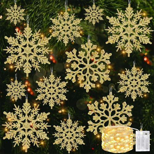 Whimzey 20 Stk Weihnachtsbaumschmuck mit 4m 40 Led Lichterkette,Schneeflocken Weihnachtsbaum Deko Gold,Glitter Schneeflocken Christbaumschmuck,Weihnachtsdeko,Fensterdeko Schneeflocke Anhänger Girlande
