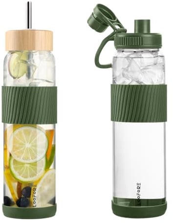 LOOFORE Borraccia Vetro 1l / 1 litro con 2 Coperchi e Cannuccia, 1 Pezzo | Sportiva Bottiglia d'Acqua 1000ml con Custodia in Silicone, senza BPA, Prova di Perdite per Acqua Campeggio Sport Viaggi