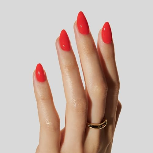 LAMIMOSA 32Pcs Press On Nails Short Almond in 16 Sizes - Bright Red False Nails with Glue, Soft Gel Orange Red Fake Nails, Solid Color Stick On Nail Kit, Summer Nails, CHILLI