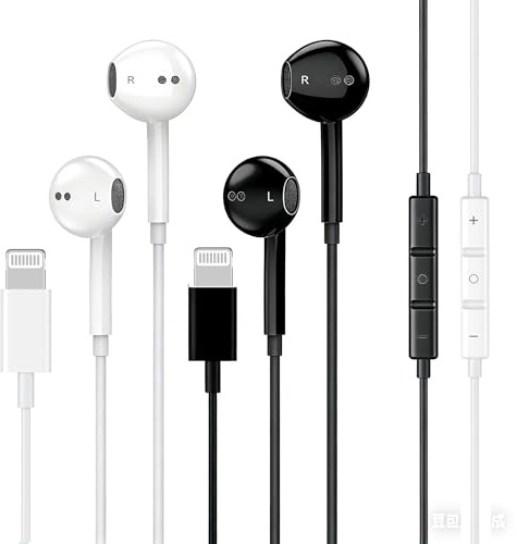 2 Pack iPhone Wired Earbuds Compatible with iPhone 14/13/12/11/8/7/X/Pro/Pro Max iPad, APPLE MFi Certified In Ear Lightning Earphones Headphones (White&Black)