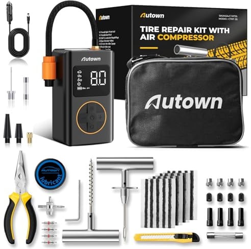 AUTOWN 56-teiliges Reifenreparaturset Auto mit Elektrischer Luftpumpe | Auto-Stopp & LED-Anzeige,150PSI&12V Tragbar Luftpumpe Auto, Autoreifen Reparaturset für PKW, LKW, Motorrad, SUV, ATV,Traktor