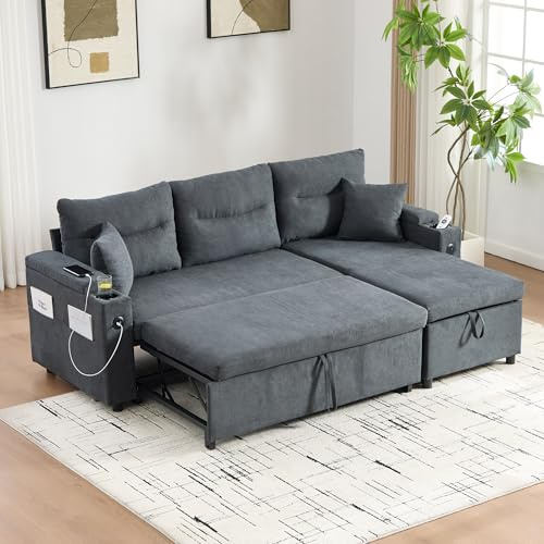 DRIXNO Sofa mit Schlaffunktion, Bettsofa mit Stauraum, 3-Sitzer Schlafsofa, Leinen Schlafcouch mit Bettfunktion, Klappbares Couch mit Kissen, Seitentasche und Getränkehalter, Dunkelgrau