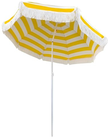 XQJLBZA Parasol de Plage Portable Rayé Jaune et Blanc 180cm à Franges, Protection UV, Hauteur Réglable, Mât Inclinable en Fer, pour Balcon Patio Terrasse Exterieur