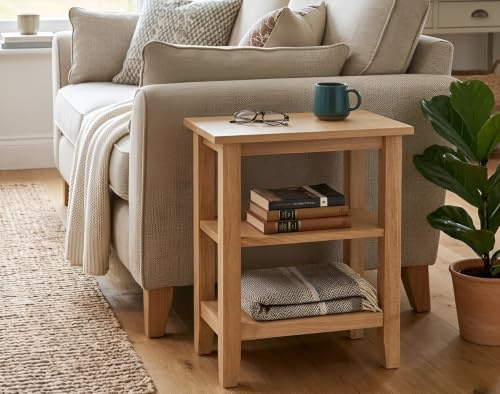 Delex Narrow Side Table – Oak Effect Wooden Coffee Table with 2 Open Shelves, Small Bedside and Lamp Table for Living Room, Bedroom or Hallway, Compact Storage Table for Small Spaces. Fully Assembled