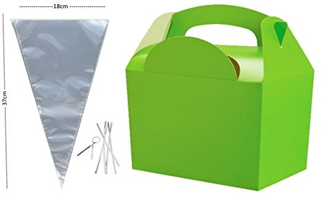 x10 Birthday Party Food Plate Boxes With Clear Sweet Cone Bags And Tie (Lime Green)