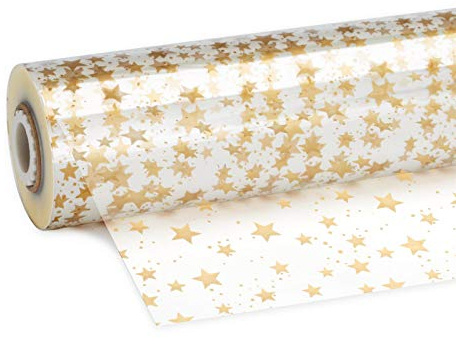 Weinkarton24 Klarsichtfolie Sterne Gold 70 cm x 100 m, Geschenkfolie, Stärke 28µ