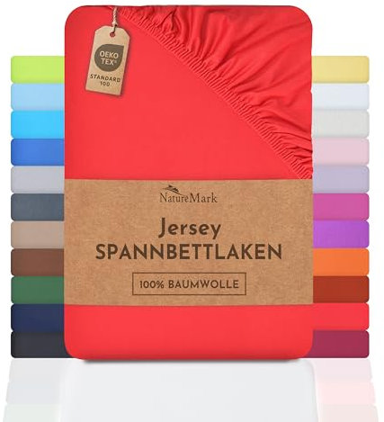 NatureMark Jersey Spannbettlaken, Spannbetttuch 100% Baumwolle in vielen Größen und Farben MARKENQUALITÄT ÖKOTEX Standard 100 | 200x220 cm +40 Steg - rot
