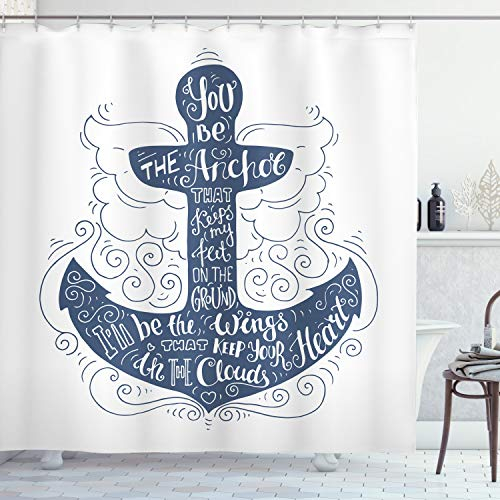 ABAKUHAUS Anker Duschvorhang, Doodle Marine-Motiv, Stoffliches Gewebe Badezimmerdekorationsset mit Haken, 175 x 240 cm, Blau und weiß