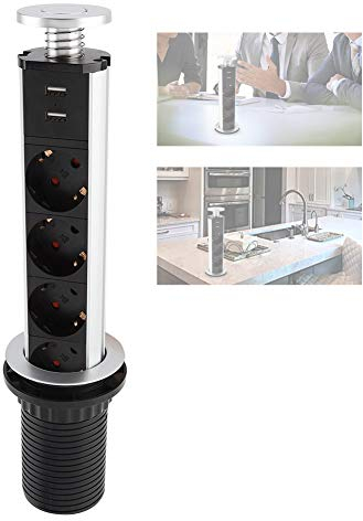 Socket para Mesa Empotrado, Regleta Multienchufe Retráctil, Enchufes Cocina Multicontacto Torre para Mesa Cocina, Toma Corriente Eléctrica 3 Salidas Cargador 2 Puertos USB para Oficina Casa