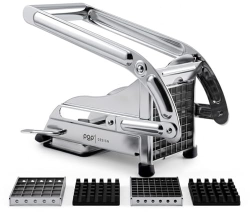 POP AirFry Mate, Edelstahl Frittierschneider, kommerzielle Qualität, inkl. 2 Klingengrößen und rutschfester Saugboden, perfekt für die Zubereitung von Fritteusen und Lebensmitteln.