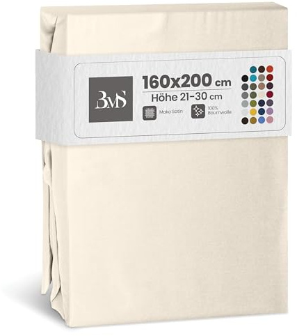 Bettwaesche-mit-Stil Mako Satin Spannbettlaken Spannlaken Spannbetttuch (160 cm x 200 cm, Matratzenhhöhe 21-30cm, Natur)