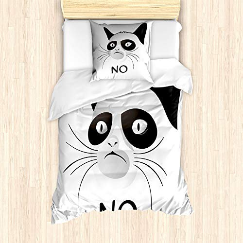 ABAKUHAUS Tier Bettbezug Set, Grumpy Gesicht Famous Cat, Milbensicher Allergiker geeignet mit Kissenbezügen, 135 cm x 200 cm - 80 x 80 cm, Schwarz und weiß