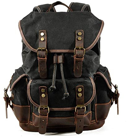 Mens Waxed Canvas Rucksack Leder Rucksack für Männer Wax Leather Rucksäcke Travel Vintage Bookbag mit Laptopfach Rustikal Large Waterproof,Schwarz