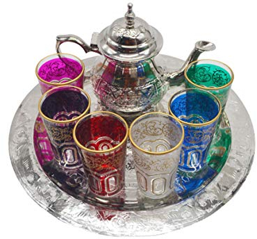 Juego de té marroquí, tetera de alpaca con patas de 400 ml, bandeja plana de latón plateado 30 cm y 6 vasos de colores