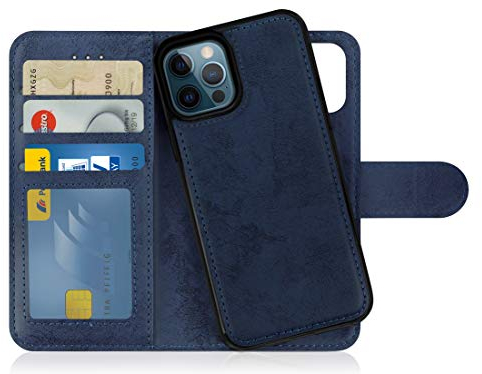 MyGadget Flip Case für iPhone 12 | 12 Pro - [ abnehmbare Magnet Hülle ] - Handyhülle aus Kunstleder - [ Klapphülle mit Kartenfach ] Schutzhülle in Dunkelblau