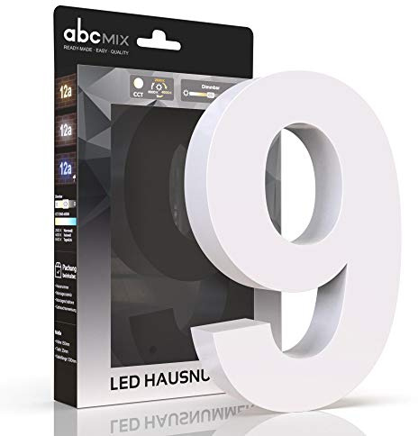 abcMIX LED Hausnummer, personalisierbare beleuchtete Hausnummer, Hausnummernleuchte mit LED - Hausnummer 9, Farbe WEIß, Lichtfarbeneinstellung, Dimmbarkeit