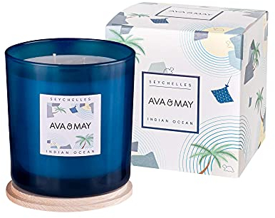 AVA & MAY Seychellen Große Duftkerze (500 g) – vegane Sojawachs-Kerze mit 70 Stunden Brenndauer – mit hochwertigem Duftöl aus Bittermandel, Jasmin und Rose