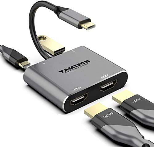 Type C to Dual HDMI adapter splitter for extended display 4 in 1 Adpater for Dual monitors USB Type C multiport Docking Station Adapter 4k 60hz multi display Hub 4 in 1 for Mac-Chrome Book etc
