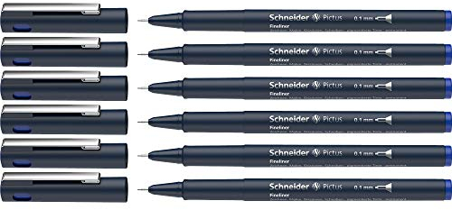 Schneider Pictus Fineliner (Strichstärke 0,1 mm, dokumentenechte Pigmentliner, metallgefasste Spitze, Gehäuse aus 85% recyceltem Kunststoff) 6er Pack, blau