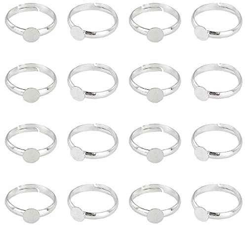 PandaHall 40 Anillos Ajustables en Blanco, Almohadilla Base de Anillos de Plata Componentes de Ajuste de Anillo de Dedo con Almohadilla Redonda de 6mm para Joyería Cabujón Boda San Valentín