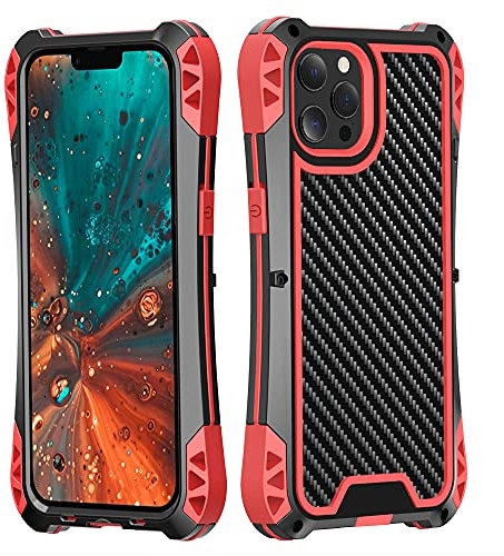 JGY iPhone 13 Pro Max Rugged Full Body Silicone Metal Military Case Compatible with Magsafe Drop Protective Solid Slim Carbon Fiber Shockproof iPhone 13 Pro Max Case with Screen Protector Glass (Red)