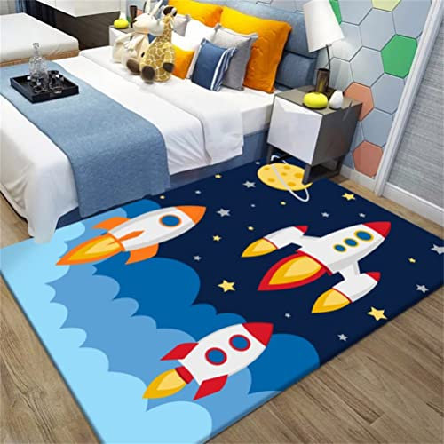 Kinderteppich Universe Planet Astronaut Wohnzimmerteppich rutschfest Blau Schwarz Teppich Jungen und Mädchen Spielteppich Teppich Waschbar (A, 120 x 160 cm)