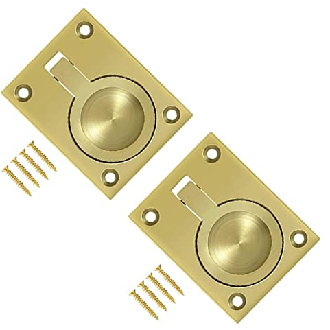 TERF® Traditional Vintage Polished Brass Flush Ring Pull Handle 63mm (2.5 inch) Face Fix Handle Including Fixing Screw for Use Window Cupboard Cabinet Wardrobe Door Gate - Pack of 2