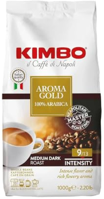 Kimbo Aroma Gold | Café en grains entiers | Torréfaction foncée moyenne, intensité 9/13 | 100 % arabica | torréfié, mélangé et fabriqué en Italie | Sac de 1 kg (lot de 6)