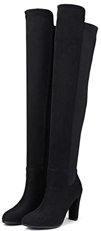 MiduoHu Donna Tacco Alto Elasticizzato Coscia Alta Stivali sopra Il Ginocchio Numero, Stivali Elasticizzati con Tacco Grosso, Stivali Alti in Punta Tonda Camoscio Smerigliato alla Moda High Heels