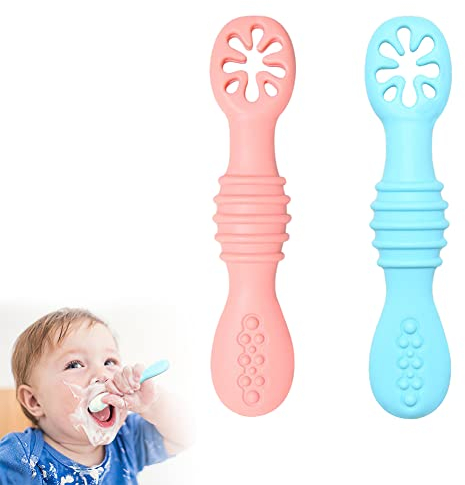 Cucharas de Silicona para Bebés,PreCucharas Para Bebes,PreCucharas de Aprendizaje para Bebés,Juego de Cubiertos de Silicona,Cuchara de Autoalimentación para Bebés,Cucharas BLW De Aprendizaje,2 PCS