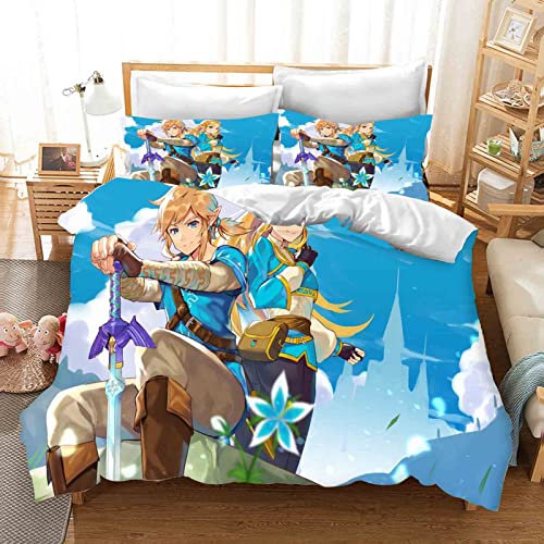 QROXY Zelda Bettwäsche-Sets Mit Kissenbezug,Kinderbettwäsche Microfaser 3D Digital Print Mit Kettenreißverschluss (1,Single 135×200CM)