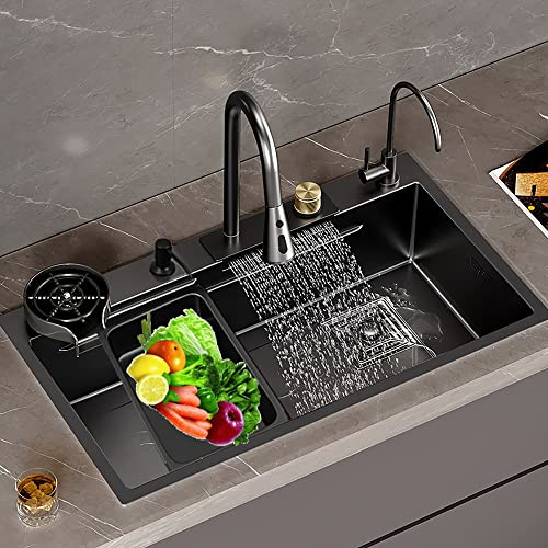 SADRIM Splbecken Schwarz, Edelstahl 304, Einschalen-Kchensple, 68x45x23cm, Unterbau, Modern, 2 Lcher, Raindance Wasserfall, Bar-Sple, Bauernhof-Arbeitsplatz-Sple