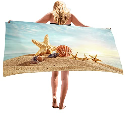 LOMDEM Mikrofaser Strandtuch Blau Beige Strand Seestern Muschel Großes Badetuch XL XXL Mann Frau Sport Handtuch Schwimmen Surfen Sonnenbaden Liegestuhl Handtuch (Blau,80x160 cm)