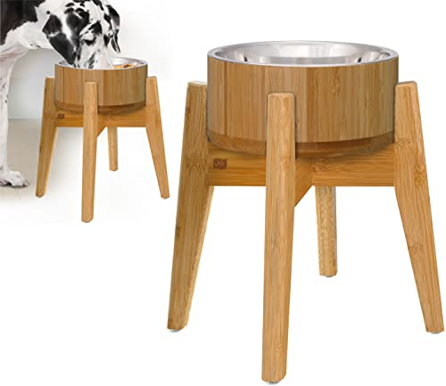 Raised Bamboo Dog Bowl for Large Dogs - Set of Dish, Stainless Liner and Stand - Elevated Single Pet Food Feeder Station - Non- Tip-Over