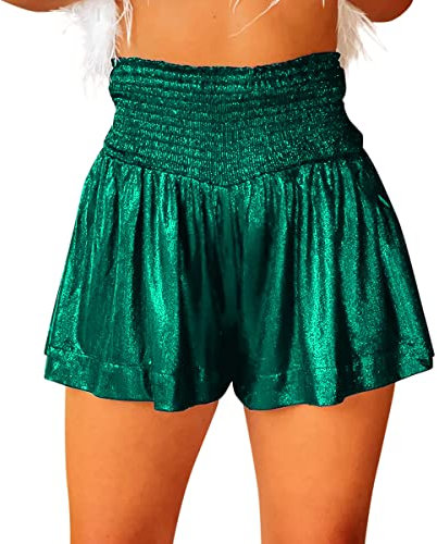Onsoyours Damen Metallic Hotpants Pailletten Glitzer Shorts mit Hoher Taille Sexy Kurze Hose Shorts für Tanz Sport Disco Kostüm Fasching Karneval Grün S