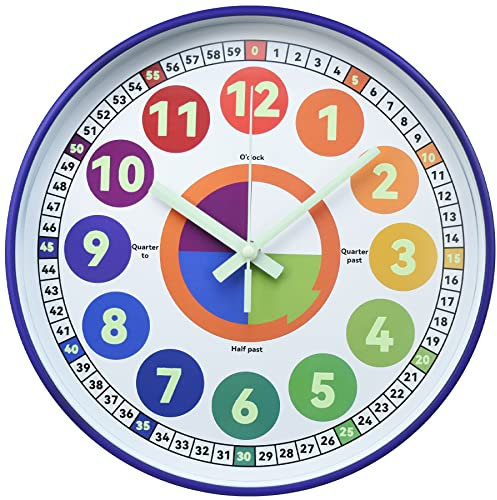 Horloge d'apprentissage pour Enfants, Horloge Murale phosphorescente pour Chambre à Coucher, 30.5 cm, Horloge d'apprentissage de l'heure, décoration de Chambre d'enfant (Violet éclairé)