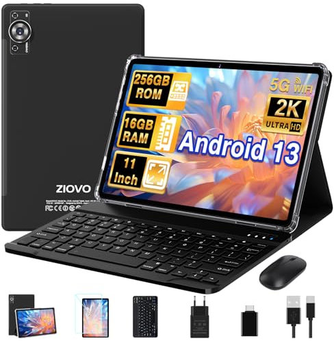 ZIOVO 2023 Tablet 11 Zoll 16GB RAM+256GB ROM/TF 1TB, Android 13 Tablet PC mit Octa-Core 2.0 GHz, 8600mAh, FHD 2000*1200, 5+13+2MP, 5G WLAN, Bluetooth 5.0, Widget, AGPS Tablet mit Maus+Tastatur-Schwarz