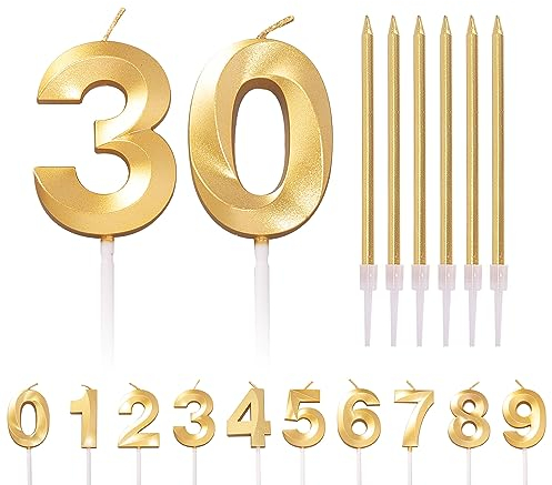 HONGCI Gold 30th Birthday Candle Number 30 Candles for Birthday Cake with Gold Long Candles, Age 30 Birthday Candles for Cake, 30 Year Birthday Cake Topper Decorations for Women Men Birthday Gold