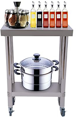 JINPRDAMZ Arbeitstisch, Edelstahl Arbeitstisch Küche mit 4 Rollen und Zwischenbord Tragfähigkeit 300 kg (60 x 45 x 85 cm), Küchentisch Zerlegetisch Tisch, Zubereitungstisch Bar