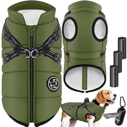 LOVPET® Hundejacke Hundemantel mit Geschirr, inkl. 45 Stück Kotbeutel + Spender, Hunde Winterweste gefüttert wasserdicht, Gepolsterte Weste Mit Brustgurt, Reflektoren, D-Ring 2XL, Khaki