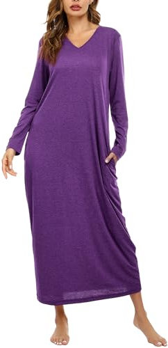 Sykooria Women's Long Nightgown Cotton Baggy Nightdress Plus Size Nightshirt Long Sleeve V Neck Sleep Dress Casual Sleepwear With Pockets(Purple,XL)
