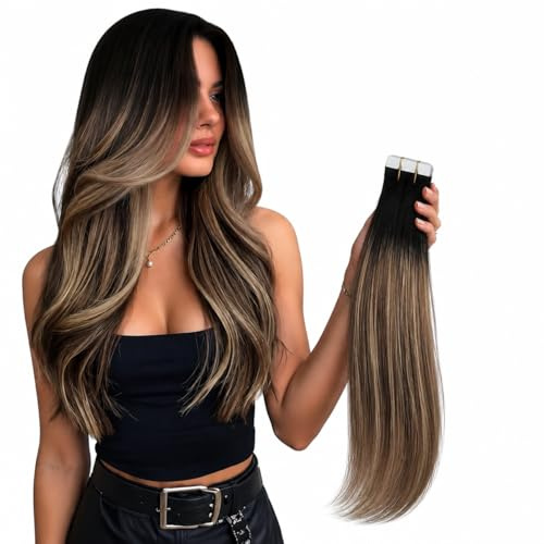 Moresoo Human Hair Tape in Extensions Natural Black Ombre Remy Hair 24 Inch | 20pcs/50G, Daily Use, Adds Dramatic Length, For Wedding, Skin Weft, Long Lasting Hold, Natural Looking, Prevent tangling