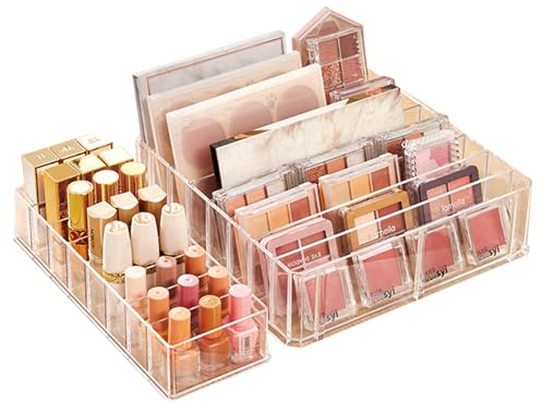 Liemuao - Set di 2 pallet grande, organizer trasparente, organizer per makeup, pallet con 8 scomparti, rimovibile, per rossetti e ciprie, ombretti, per vanità, bancone, bagno (chiaro)