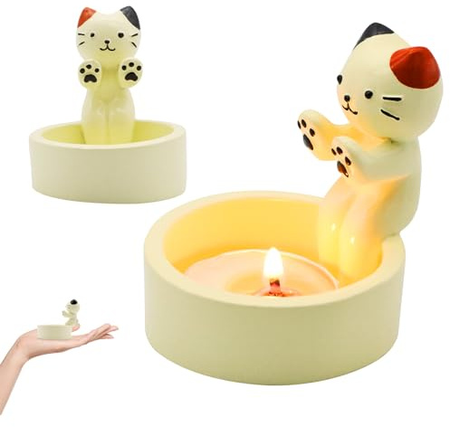 Katzen Kerzenhalter, Kerzenständer, Katzen Deko (Gelb) | Geschenke Für Katzenliebhaber, Wohnzimmer Schlafzimmer Deko Tischdeko
