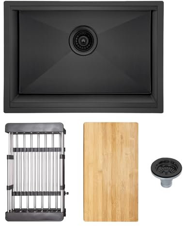 Lussena® 640 x 450mm Stainless Steel Kitchen Sink 1.0 Single One Bowl Workstation Sinks Undermount Installation, Black with Accessories, Chopping Board, Drainer & Waste