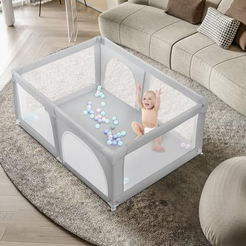 OHMG Laufgitter für Baby,Laufgitter Indoor&Outdoor,Kippsicheres Kinder-Baby-Gitter,Kinderzaun mit Anti-Kollision Schaum Absperrgitter mit atmungsaktivem Netz,für Apartment,50 Spielbällen