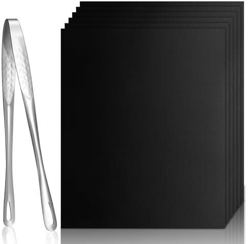 Grill Mat, Set of 6 BBQ Grill Mat Non Stick Barbecue Baking Mat with 21cm BBQ Tongs, Teflon BBQ Cooking Mats for Baking on Gas, Charcoal, Oven and Electric Grills, PFOA-Free