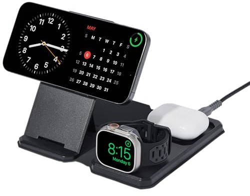 URBAN ARMOR GEAR SRGE 3in1 Reise-Ladegerät faltbar (iPhone/AirPods/Apple Watch Wireless-Charger, Magnetisch, Inkl. Tasche/USB-C auf USB-C Kabel/globaler Netzadapter) Schwarz/Grau