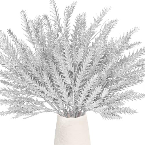 Pack of 12 Christmas Glitter Leaves, 38CM Glitter Artificial Christmas Picks Shiny Christmas Tree Decorations for Xmas Tree Ornaments Vase Fillers DIY Wreath Garland Flower Arrangement (Silver)