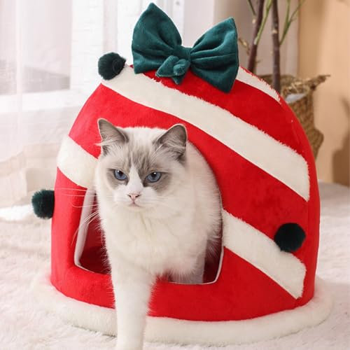 Cuccia Gatto Natale - Albero di Natale per Gatti Con Grotta e Cuscino Rimovibile, Regalo per Gli Amanti Dei Felini, 36 X 36 CM